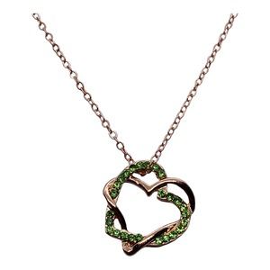 Imitation Yellow Gold Green Peridot Rhinestone Double Heart Pendant Necklace